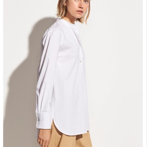 Vince Classic Stripe Band Collar Shirt in White/Black size XL - Picture 2 of 7